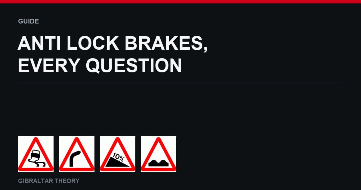 Warning signs for a slippery road, a bend, a steep hill and a ford