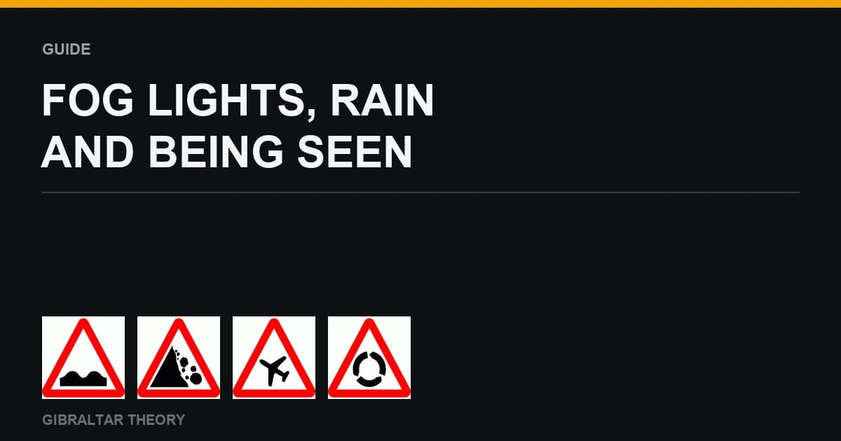 Warning signs for a ford, falling rocks, aircraft and a roundabout